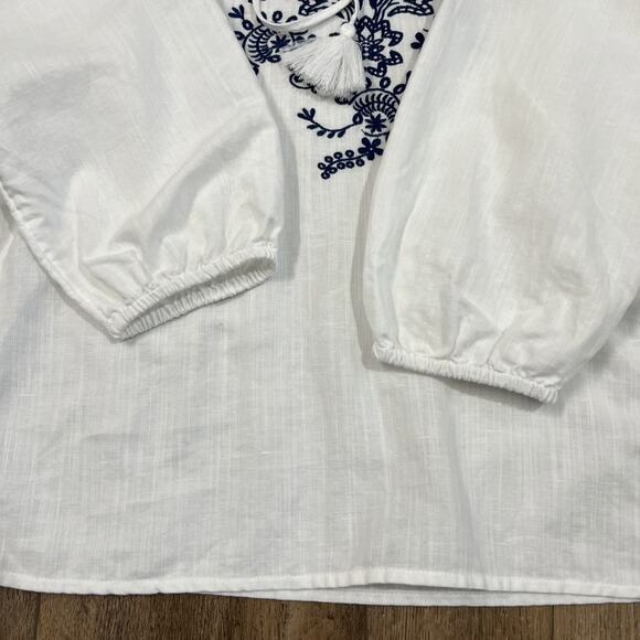 Talbots Popover Top Womens SP Linen Blend Embroidered Split Neck Tassels Boho - Picture 7 of 11